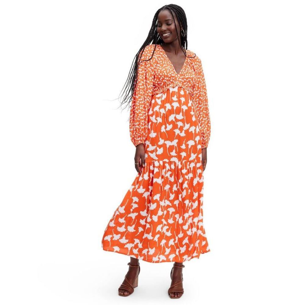 Women's V-Neck Ginkgo Cherry Tomato Maxi Dress - DVF S
